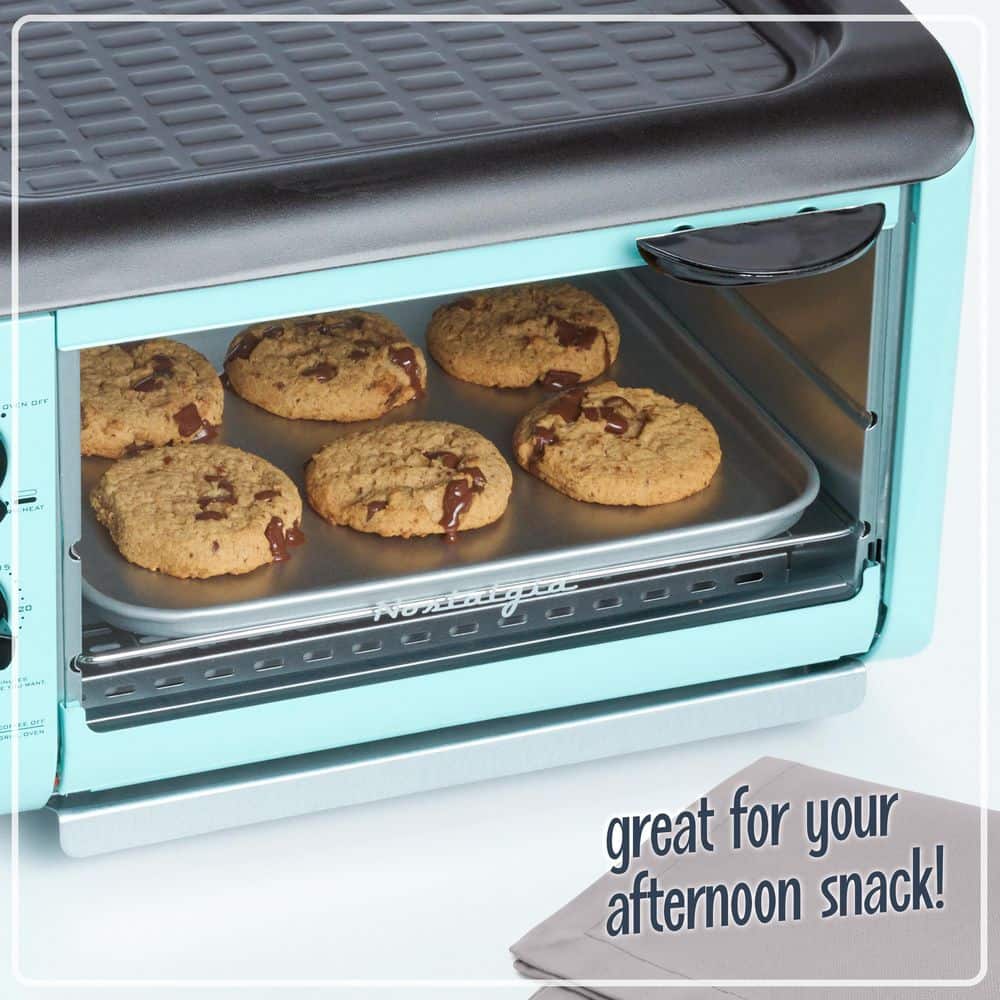 Retro 3-In-1 Aqua Electric Breakfast Station,With Non Stick Die Cast Grill/Griddle,4 Slice Toaster Oven and Coffee Maker