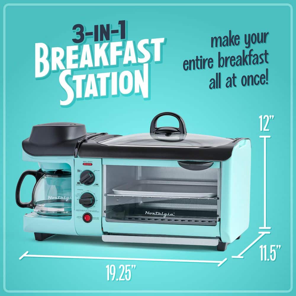 Retro 3-In-1 Aqua Electric Breakfast Station,With Non Stick Die Cast Grill/Griddle,4 Slice Toaster Oven and Coffee Maker