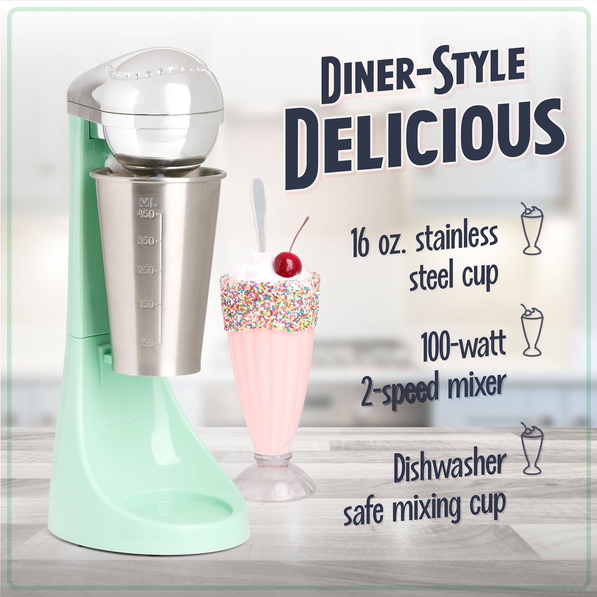 Milkshake Maker 2-Speed 16 Oz Milk Shake Blender Retro Kitchen Appliance, Jade