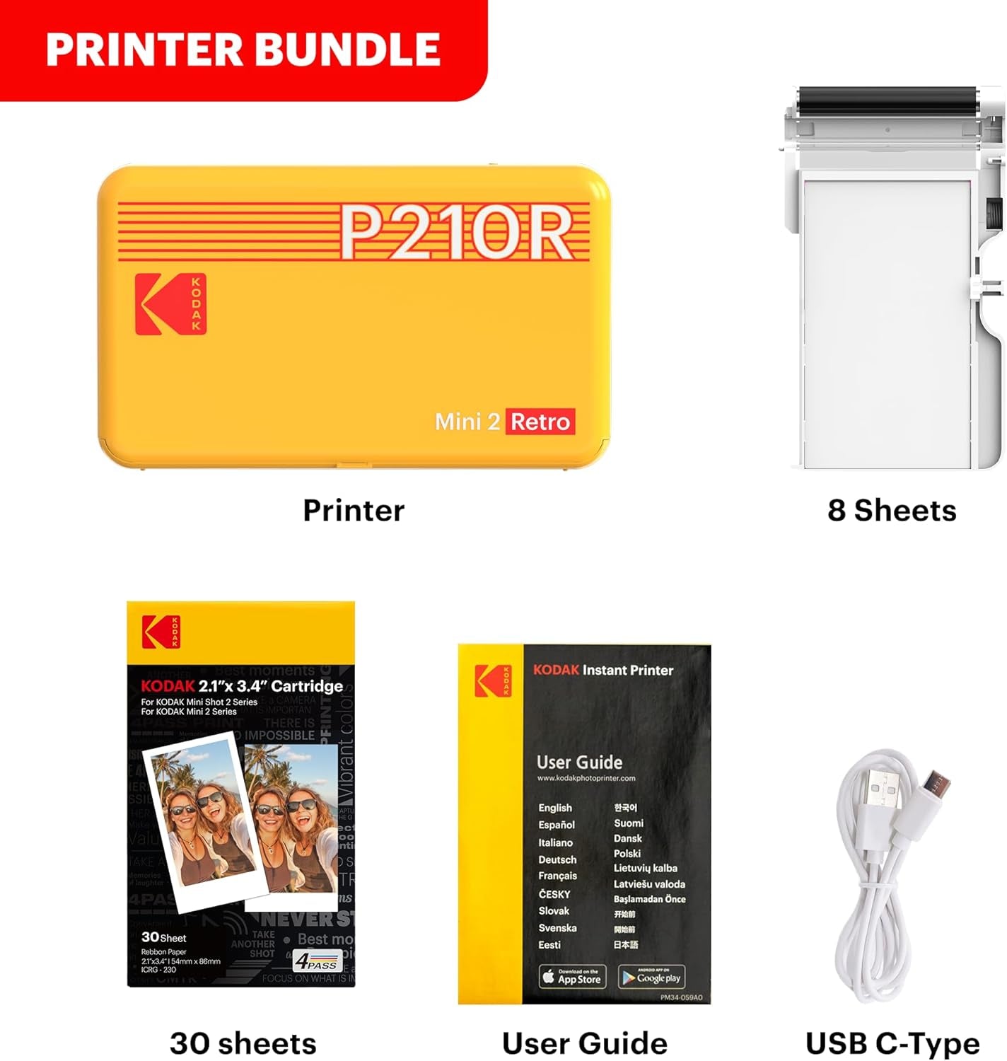 Mini 2 Retro 4PASS Portable Photo Printer, 2.1X3.4 Inches, Instant Picture Printer for Iphone and Android, Photo Printer Gift, 38 Sheets Bundle, White
