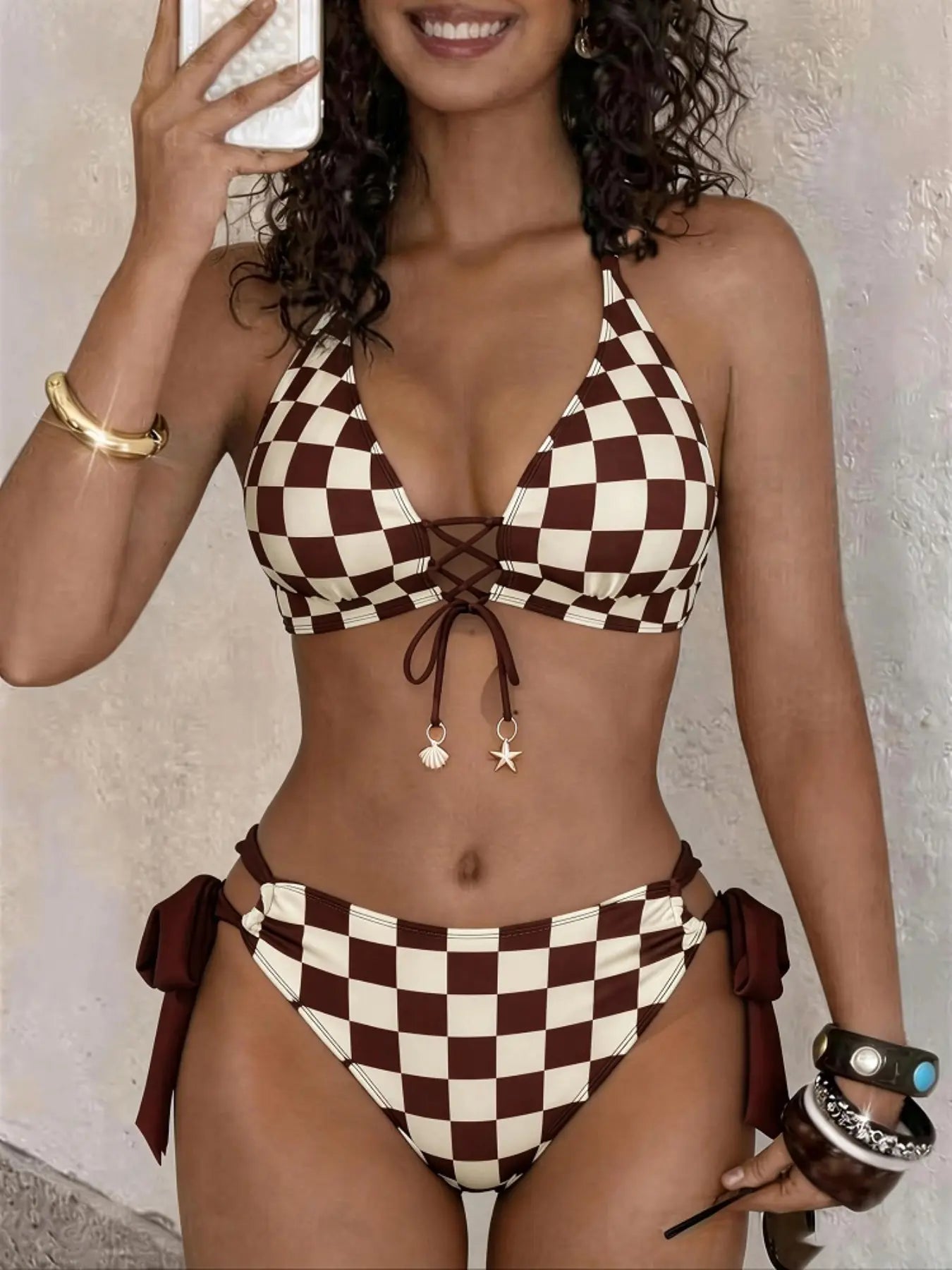 Elevate Your Beach Style with Our Chic Plaid Print High-End Women's Bikini Set - Adjustable Tie Front Design for Ultimate Comfort