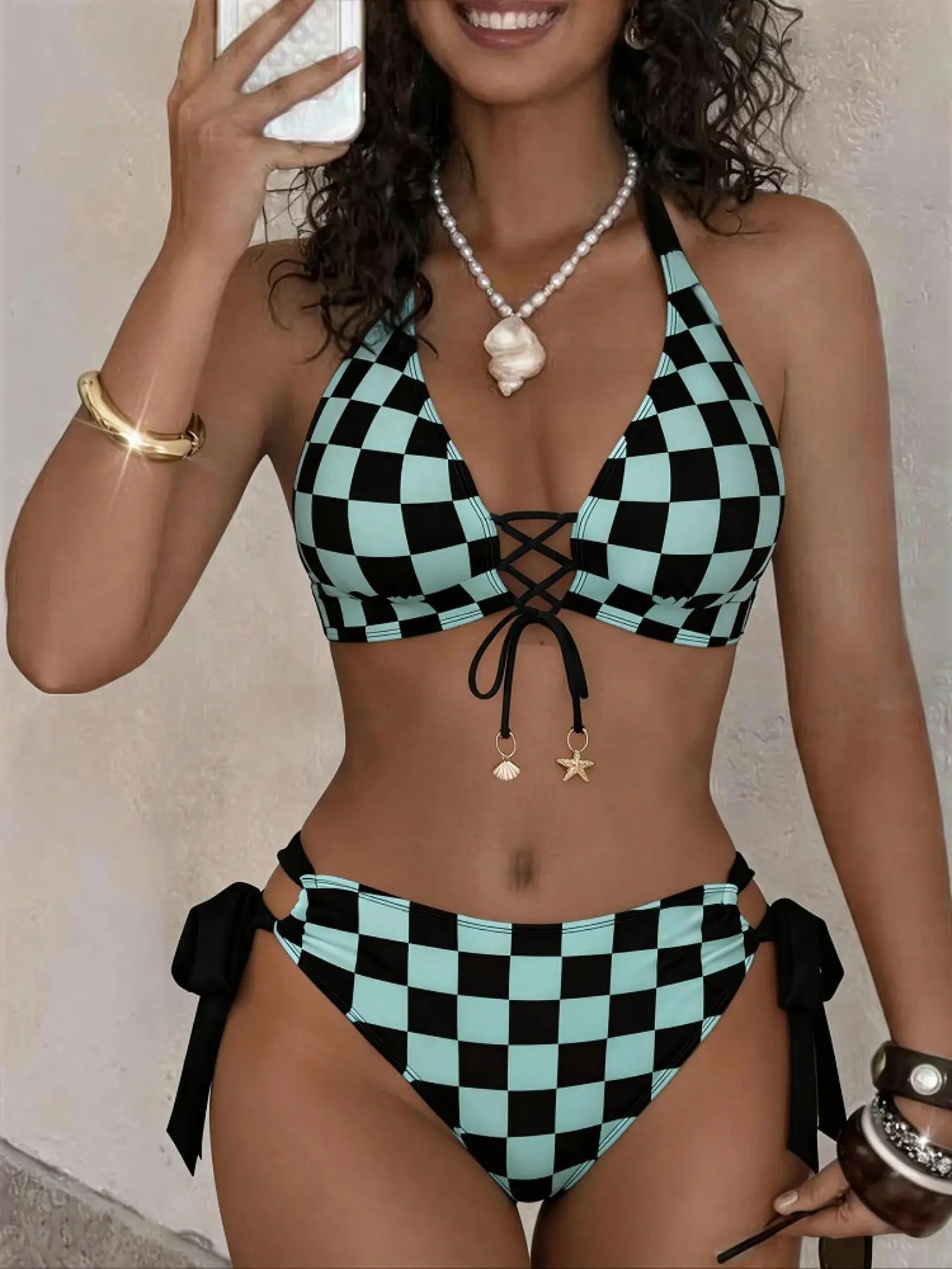 Elevate Your Beach Style with Our Chic Plaid Print High-End Women's Bikini Set - Adjustable Tie Front Design for Ultimate Comfort