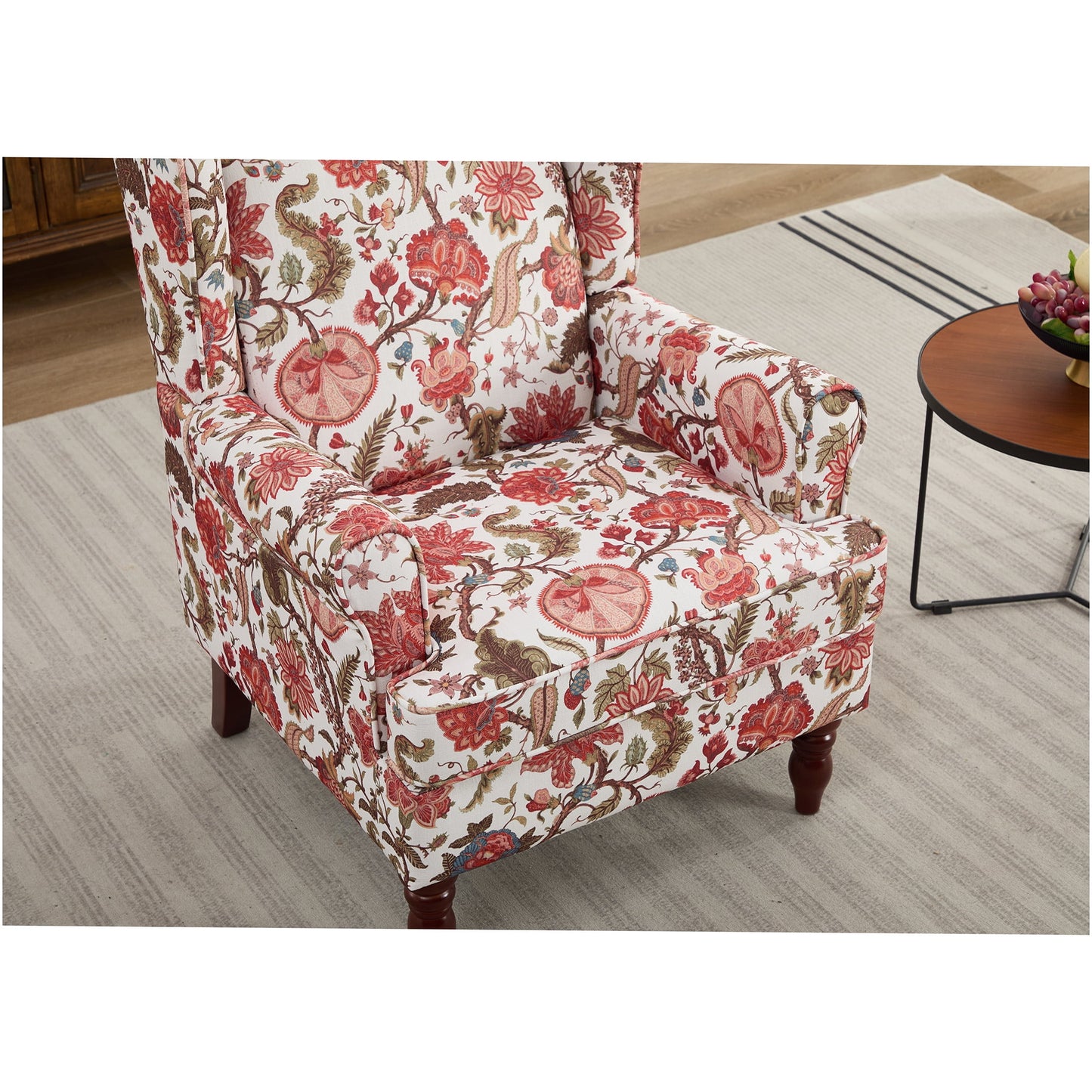 Retro Floral Accent Chair with Wood Legs, Upholstered Linen Armchair for Living Room, Bedroom, Office, Bean Paste Red