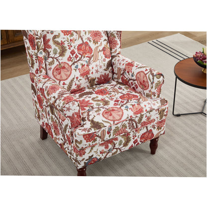 Retro Floral Accent Chair with Wood Legs, Upholstered Linen Armchair for Living Room, Bedroom, Office, Bean Paste Red