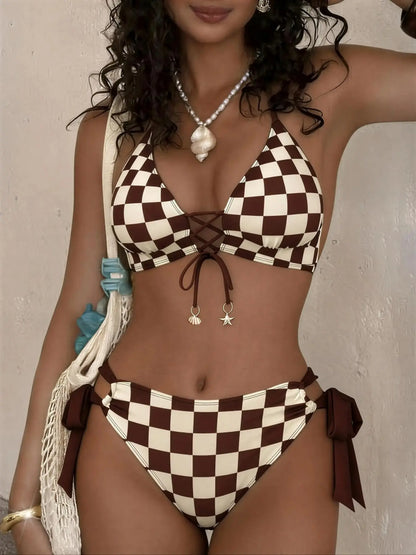 Elevate Your Beach Style with Our Chic Plaid Print High-End Women's Bikini Set - Adjustable Tie Front Design for Ultimate Comfort