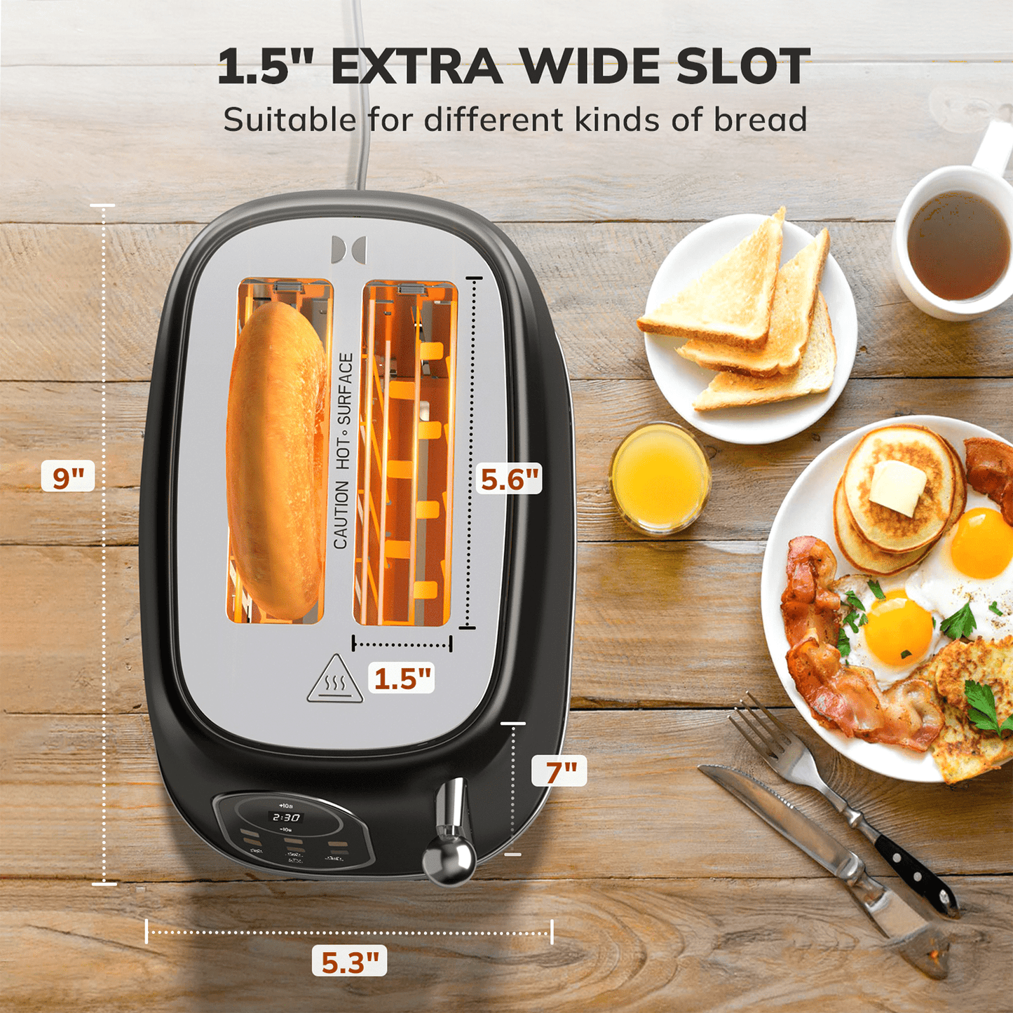 2 Slice Toaster with Smart Touch Screen, Retro Wide Slot Stainless Steel Toaster with 6 Browning Levels, Reheat & Defrost, for Bagel, Toast, Bread, Removable Crumb Tray, Black