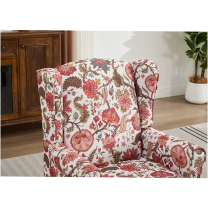 Retro Floral Accent Chair with Wood Legs, Upholstered Linen Armchair for Living Room, Bedroom, Office, Bean Paste Red