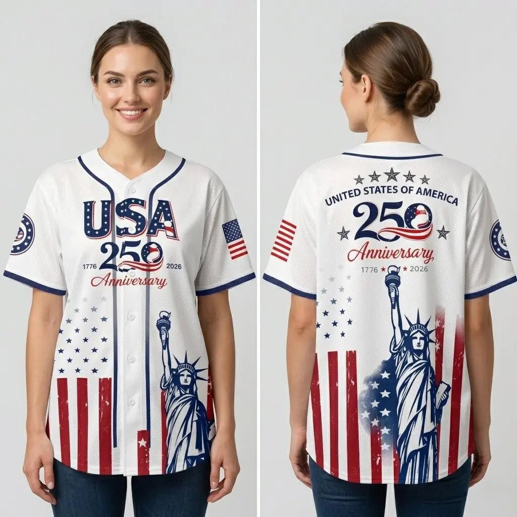 Celebrate Freedom in Style: USA 250th Anniversary Baseball Jersey with Statue of Liberty Print - Perfect for Independence Day and Beyond!
