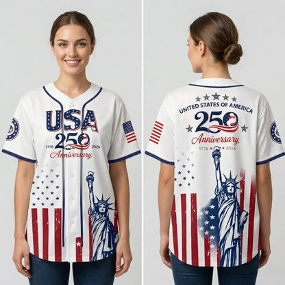 Celebrate Freedom in Style: USA 250th Anniversary Baseball Jersey with Statue of Liberty Print - Perfect for Independence Day and Beyond!