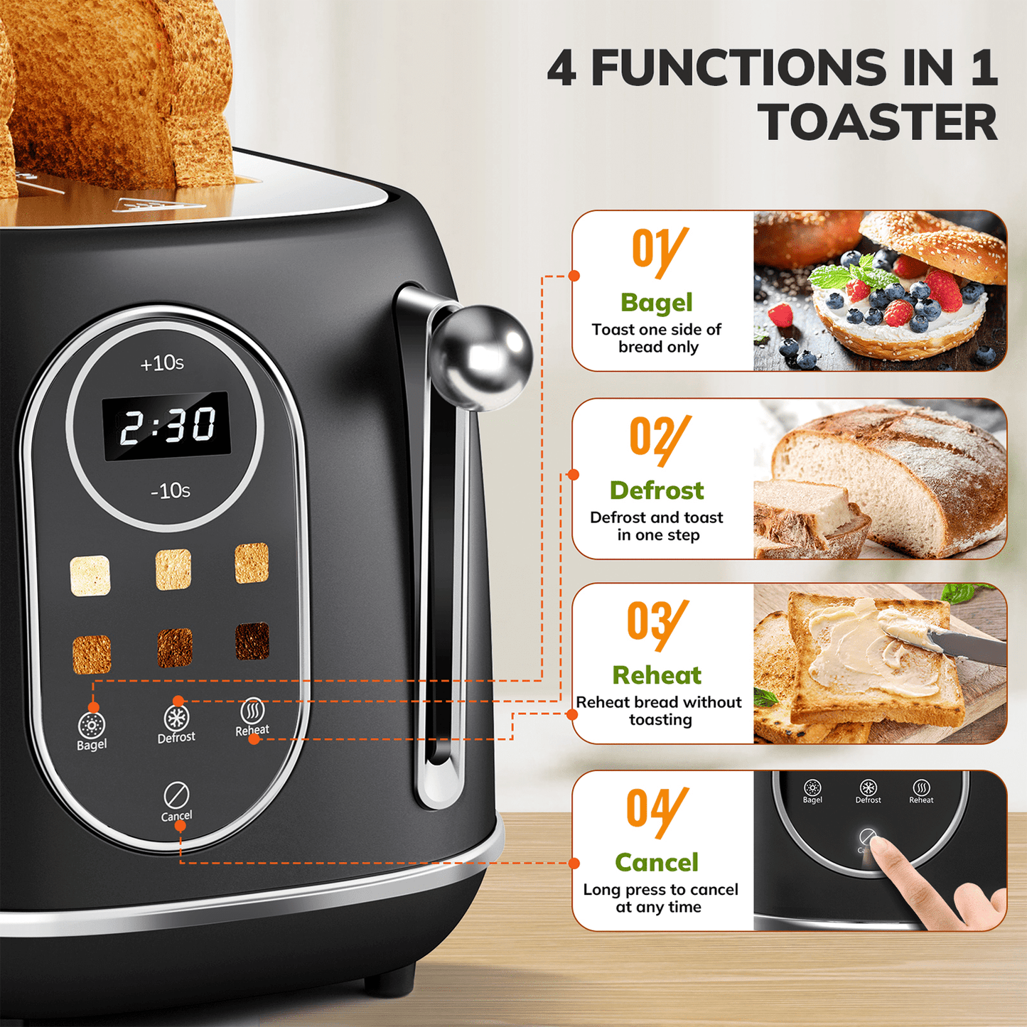 2 Slice Toaster with Smart Touch Screen, Retro Wide Slot Stainless Steel Toaster with 6 Browning Levels, Reheat & Defrost, for Bagel, Toast, Bread, Removable Crumb Tray, Black