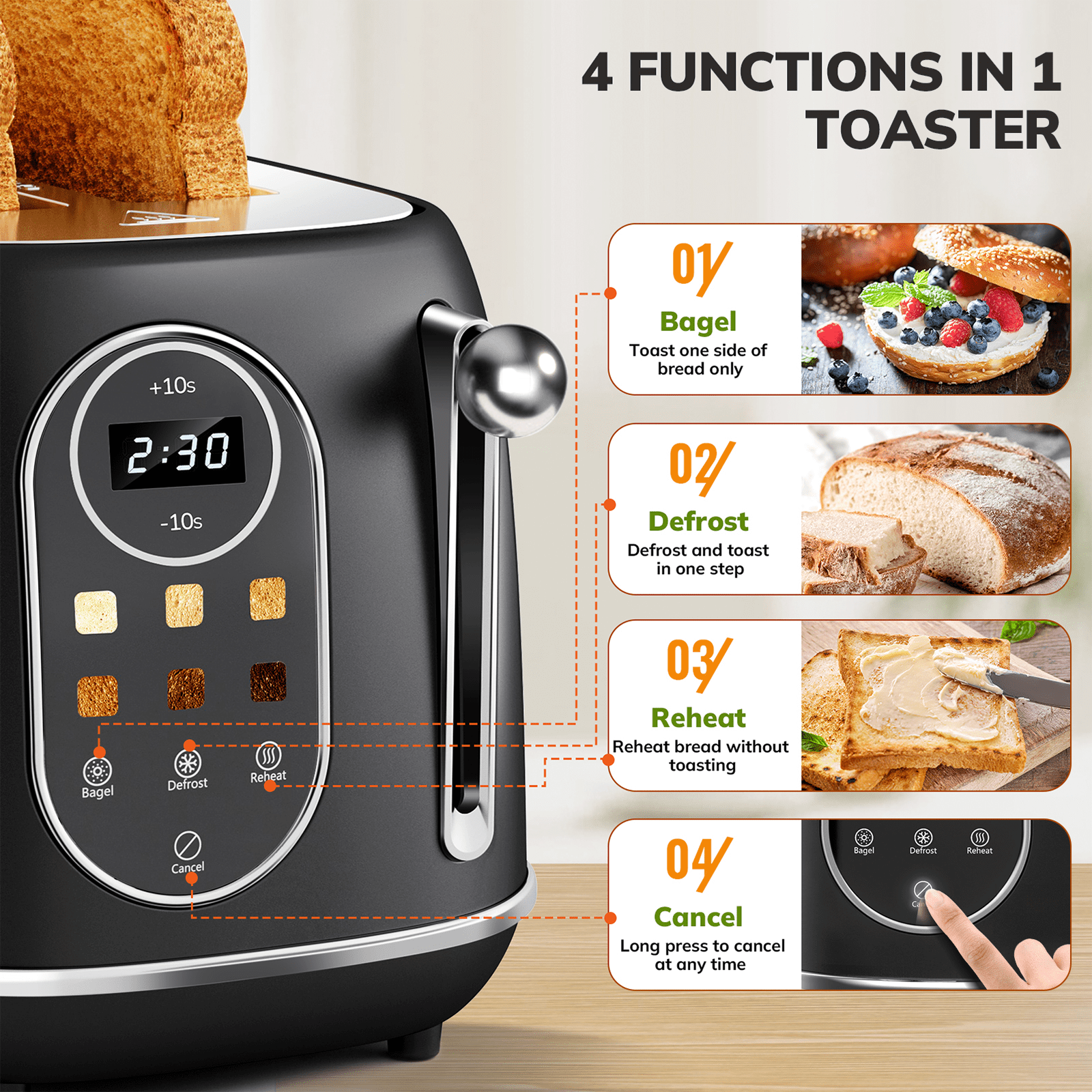2 Slice Toaster with Smart Touch Screen, Retro Wide Slot Stainless Steel Toaster with 6 Browning Levels, Reheat & Defrost, for Bagel, Toast, Bread, Removable Crumb Tray, Black